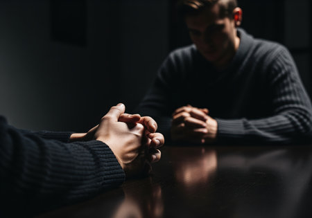 Clasped hands resting on a dark, reflective table in a low key, dramatic setting, suggesting a serious conversation, interview, or moment of confession and tension.の素材