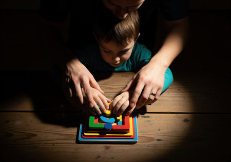 Adult hands guiding a young boy concentrating on solving a colorful wooden educational puzzle on a dark wooden table. focused therapy or learning session.の素材
