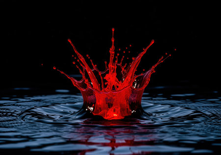 Vibrant red liquid splash captured at high speed, forming an intricate crown shape against a dark, rippling water surface. dramatic abstract fluid dynamics concept.の素材