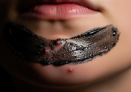 Hormonal acne and pimples visible on the chin area, partially covered by a thick, dark black charcoal treatment mask. extreme macro close up shot focusing on skin imperfections and cosmetic application.の素材