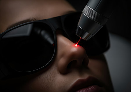 Woman wearing protective eyewear undergoing cosmetic laser treatment on her nose. a powerful red laser beam is applied by a professional device in a dark setting, highlighting skin care and aesthetic medicine.の素材