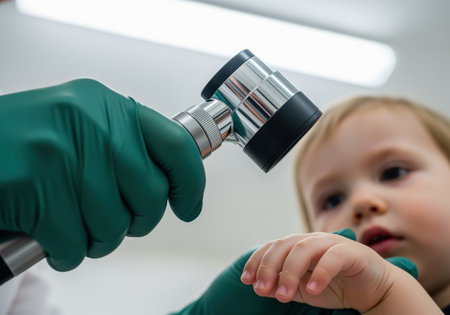 Pediatric doctor wearing green gloves uses a dermatoscope to examine the delicate skin and hand of a young child during a medical checkup and diagnosis.の素材