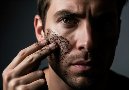 Man applying a dark, granular facial scrub to his cheek in a dramatic, high contrast close up shot. focus on male grooming, skincare, and exfoliation for healthy skin. represents self care and beauty routine.の素材
