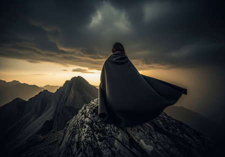 Woman wearing a dark, flowing cape stands on a rugged mountain peak, gazing at the vast landscape under a dramatic, stormy sunset sky.の素材