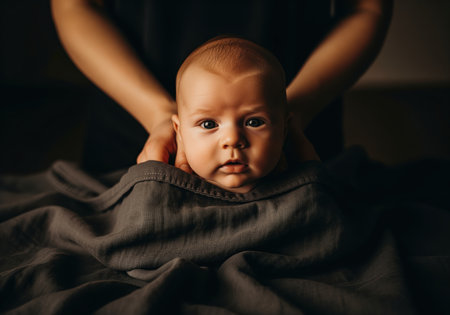 Newborn baby wrapped in a dark gray swaddle, looking directly at the camera. adult hands are visible supporting the infant in this intimate, dramatic low key portrait.の素材