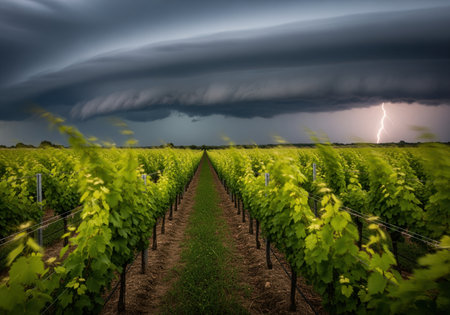 Vibrant green vineyard rows under a massive, dark, and turbulent storm cloud. a bright lightning bolt flashes in the ominous sky, signaling severe weather and impending rain over the agricultural field.の素材