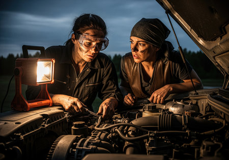 Determined women mechanics repairing a broken car engine outdoors at night. they use a bright portable work lamp to illuminate the machinery, focusing on teamwork and emergency roadside repair.の素材
