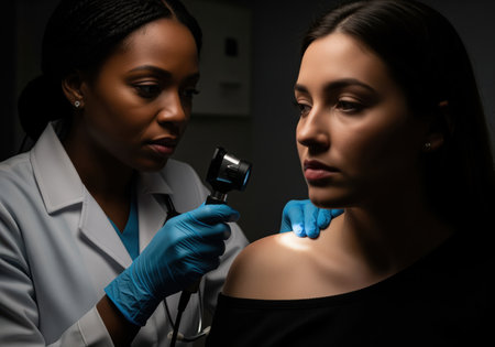 Doctor performing a skin examination on a patient shoulder using a specialized medical device for mole screening and early cancer detection.の素材