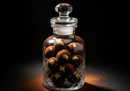 Dark chocolate truffles dusted with cocoa powder and decorated with edible gold leaf, stored inside a sophisticated, cut crystal glass jar on a black background. gourmet dessert and luxury confectionery concept.の素材