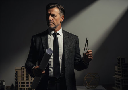 Seasoned male architect in a dark suit stands dramatically lit, holding rolled blueprints and a drafting compass, surrounded by architectural models. represents planning, expertise, and construction.の素材