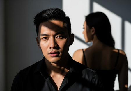 Asian man in a black shirt stares intensely at the camera, partially obscured by dramatic window shadows. a blurred woman stands behind him, turning away, symbolizing relationship conflict and separation.の素材