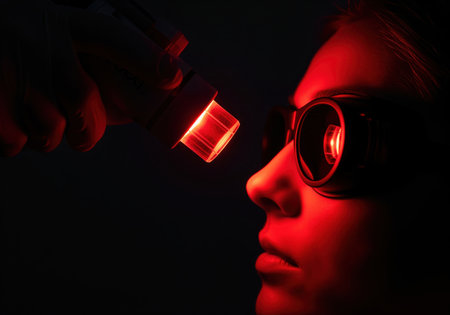 Dramatic close up profile of a woman wearing protective glasses receiving photodynamic therapy PDT via a red light laser device in a dark room. focus on skin care, health, and medical technology.の素材