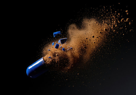 Shattered dark blue capsule releasing a powerful explosion of fine brown powder against a stark black background. high speed studio shot illustrating medicine, dosage, and nutritional supplement release.の素材
