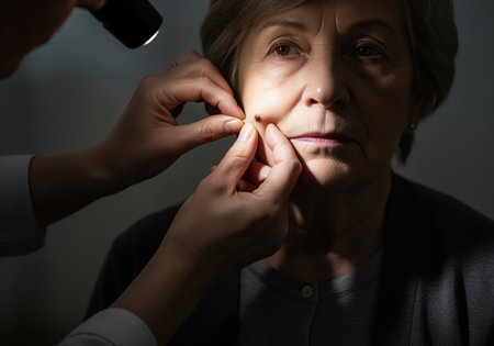 Dermatologist examining a suspicious mole on a senior woman cheek using a flashlight during a medical checkup. focus on skin health, cancer screening, and aging.の素材
