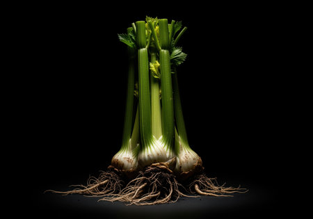 Fresh green celery bunch with prominent roots, dramatically illuminated by a spotlight against a solid black background. studio shot emphasizing texture and contrast.の素材