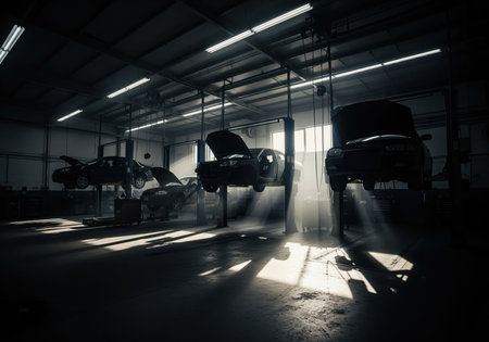 Dark, moody interior of an industrial auto repair shop with several vehicles lifted on hydraulic ramps. strong cinematic light beams highlight the service area.の素材