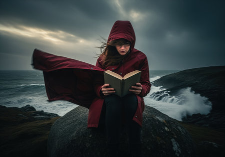 Woman in a red hooded coat reading a book while sitting on a coastal cliff edge. dramatic, moody scene featuring dark, stormy clouds and powerful ocean waves crashing below.の素材