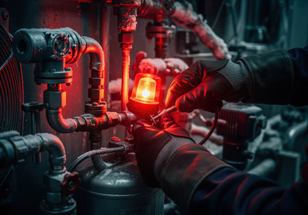 Gloved hands of a refrigeration mechanic performing maintenance on complex, frosted industrial piping and valves, illuminated by a dramatic red warning light. technical work in a cold environment.の素材