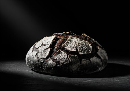 Dark artisan bread loaf featuring a cracked, flour dusted crust, dramatically lit by a spotlight against a deep black background. high contrast studio food photography emphasizing texture and color.の素材