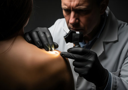 Male doctor performing a detailed dermatological examination, checking a patient skin lesion with a specialized illuminated dermatoscope for early diagnosis.の素材