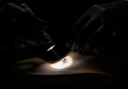 Gloved hand holding a powerful flashlight illuminates a small, bloody wound on human skin. focus on medical examination, forensic investigation, and injury assessment in a dark, dramatic setting.の素材
