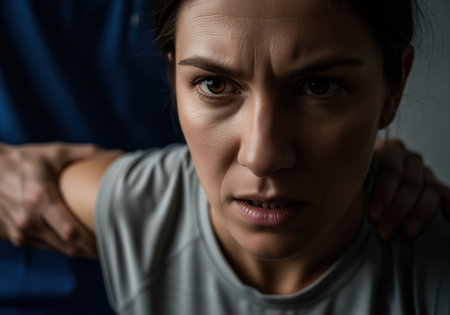 Intense, low key close up portrait of a woman showing pain and emotional distress. hands grip her shoulders, symbolizing restraint, struggle, trauma, and suffering.の素材