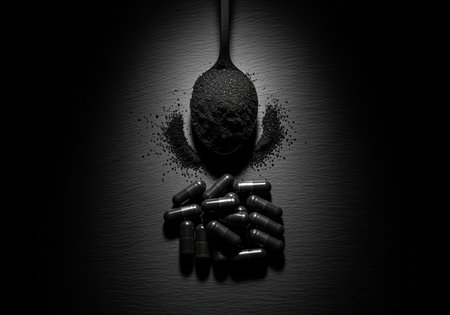 Activated charcoal powder spilling from a spoon next to a pile of black supplement capsules, dramatically lit on a dark slate surface. used for detox, digestion, and natural health remedies.の素材