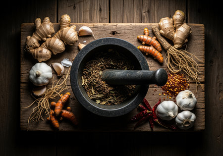 Ginger, turmeric, garlic, chili peppers, and dried herbs surrounding a mortar and pestle on a rustic wooden surface. dramatic low key lighting emphasizes natural spices and cooking ingredients.の素材