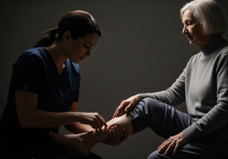 Physiotherapist examining the lower leg and ankle of a seated elderly woman patient. dramatic side lighting illuminates the focused interaction, emphasizing healthcare and rehabilitation.の素材