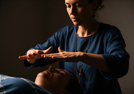 Professional female energy healer performing a spiritual reiki treatment session on a client lying down. hands hovering over the head, emphasizing alternative medicine, holistic wellness, and therapeutic touch in a dark, intimate setting.の素材