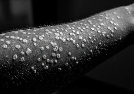 Severe psoriatic plaques covering the skin of a human arm, captured in a dramatic, high contrast black and white macro photograph. focus on texture and dermatological disease.の素材