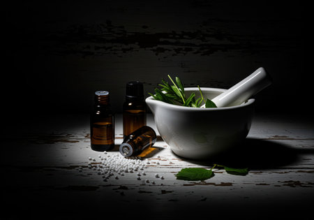 Homeopathic preparation featuring a white mortar and pestle filled with fresh herbs, amber medicine bottles, and scattered white sugar globules on a rustic wooden surface under dramatic low key lighting.の素材