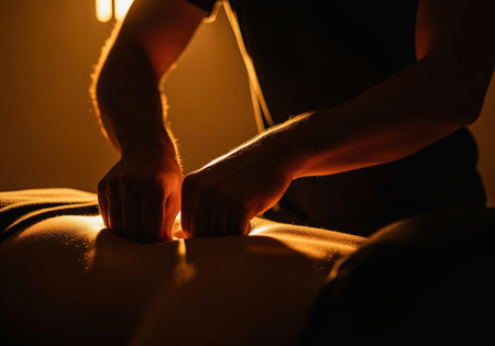Professional hands applying deep tissue pressure to a human back during a therapeutic massage session. dramatic golden light emphasizes wellness, relaxation, and health.の素材