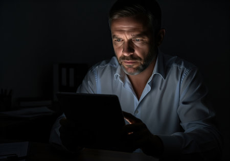 Serious professional man concentrating on a digital tablet screen in a dark office late at night. concept of overwork, dedication, and technology use.の素材