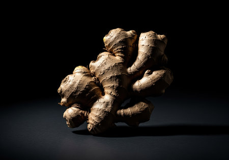 Gnarled, fresh ginger root displayed with dramatic, low key lighting on a dark surface. highlights the rough texture, organic shape, and culinary use as a spice, herb, and natural medicine.の素材