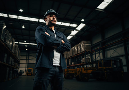 Determined male manager wearing a hard hat stands with crossed arms in a dimly lit industrial warehouse featuring storage racks and machinery. focus on logistics and industry.の素材