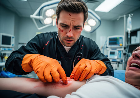 Determined male physician in black scrubs and orange gloves treating a bloody trauma injury on a distressed patient in a brightly lit operating room. focus on emergency medicine and crisis.の素材