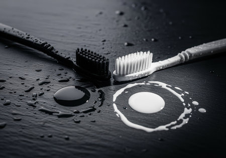 Contrasting black and white toothbrushes resting on a wet, dark stone surface, featuring puddles of black and white liquid, symbolizing duality and dental hygiene.の素材