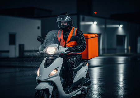 Delivery driver wearing a helmet and reflective orange vest rides a white scooter through heavy rain at night. the courier carries a large orange insulated box for fast food delivery and logistics service.の素材