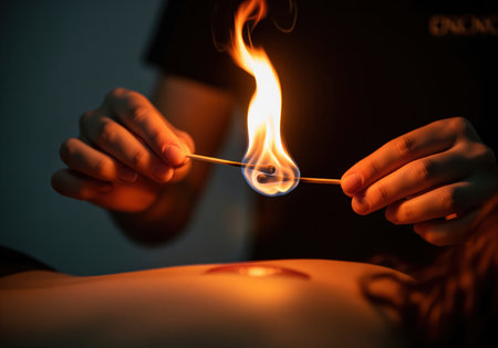Therapist hands holding two burning moxa sticks, creating a large, bright flame used for traditional chinese heat therapy moxibustion on a patient back in a dark setting.の素材