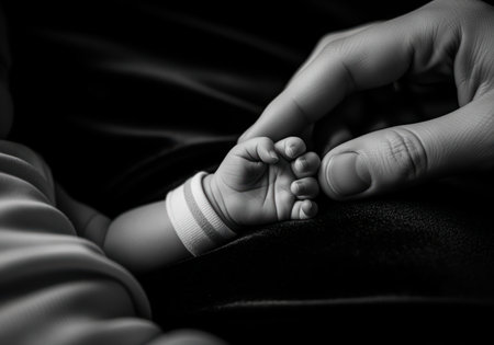 Adult hand gently holding the tiny hand of a newborn baby, emphasizing protection and bond. dramatic black and white, low key lighting highlights the fragility of infancy.の素材