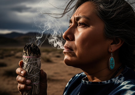 Indigenous woman performing a traditional smudging ceremony, holding a smoking white sage bundle outdoors against a dramatic desert and mountain backdrop. spiritual purification and cultural tradition concept.の素材
