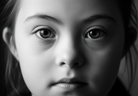 Striking black and white close up portrait of a young child with down syndrome, featuring intense focus on the eyes and facial features. represents concepts of inclusion, diversity, and childhood disability awareness.の素材