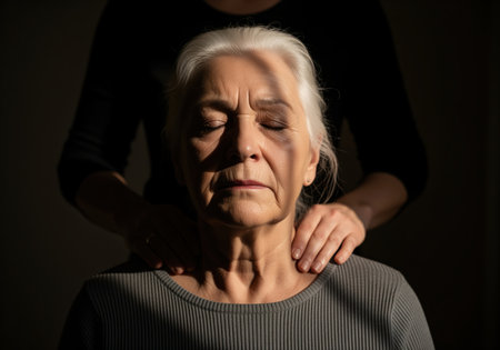 Senior woman with closed eyes receiving a neck and shoulder massage in a dark setting. dramatic lighting highlights her face, emphasizing relaxation, care, and wellness in old age.の素材