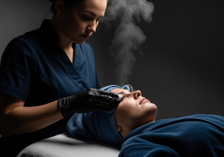 Professional esthetician performing deep cleansing facial steaming treatment on a relaxed woman client in a dark spa setting. skincare, beauty, and wellness concept.の素材