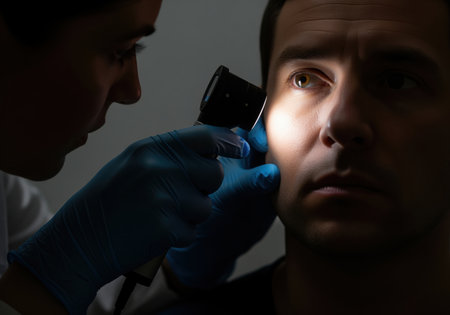 Doctor wearing blue gloves examining a serious male patient face with a dermatoscope under harsh, focused light in a dark clinical setting. medical diagnosis and skin checkup concept.の素材