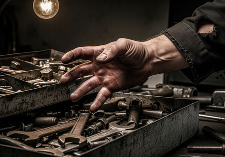 Mechanic heavily soiled hand reaching into a grimy, overflowing industrial toolbox filled with rusty wrenches, nuts, and bolts, dramatically lit by a bare incandescent bulb.の素材
