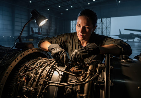 Woman engineer wearing gloves intently repairing a powerful jet engine in a dimly lit aircraft hangar. focused on maintenance and complex mechanical systems under dramatic lighting.の素材