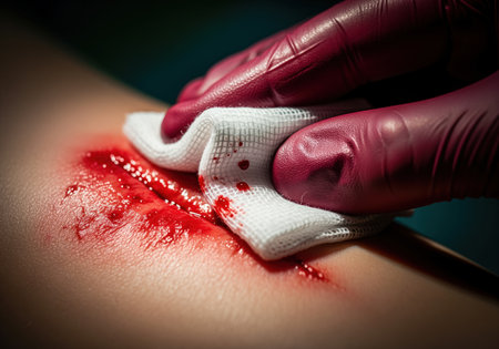 Deep, fresh, bloody wound on human skin being pressed and cleaned with sterile white gauze by a hand wearing a dark surgical glove.の素材