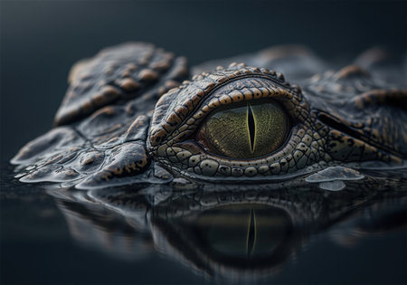 Intense macro close up of a crocodile eye and scaly skin, partially submerged in dark, murky water, creating a dramatic reflection. focus on danger, predator, and wildlife.の素材